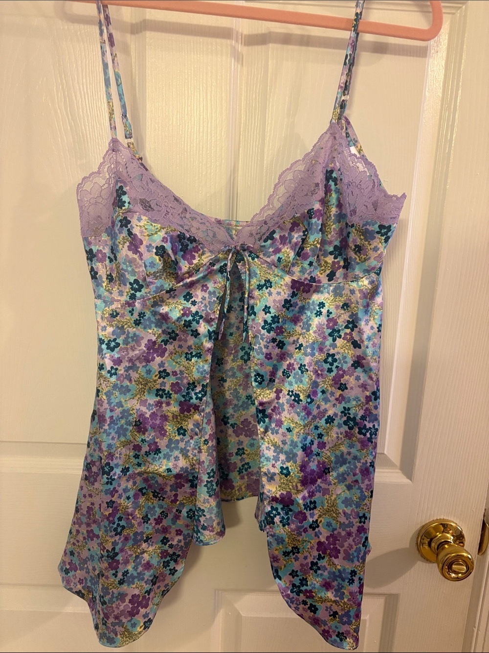 Secret Treasures Lavender Floral Satin Chemise with Lace Trim